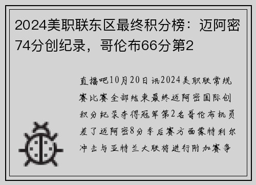 2024美职联东区最终积分榜：迈阿密74分创纪录，哥伦布66分第2